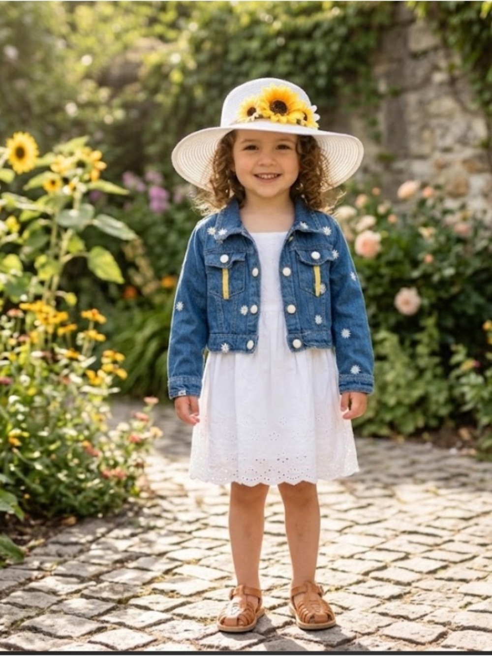 Little Lass Blue Denim Cropped Jacket with Daisy Embroidery